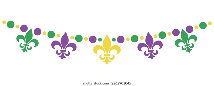 Garland Mardi Gras, cuerdas de cuentas con ornamentos de flores de lis, ilustración vectorial