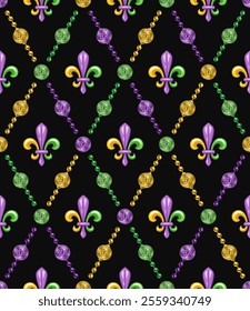 Mardi gras geometric dark pattern. Diagonal rhombus grid made with colorful coins, Fleur de lis symbol in center of grid cells. Vintage style illustration