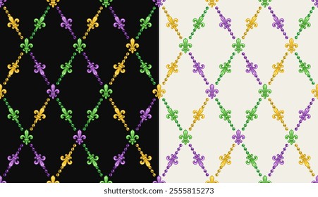 Mardi gras geometric pattern. Diagonal rhombus grid made with colorful Fleur de lis symbol. Vintage style illustration