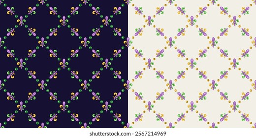 Mardi gras geometric patterns on white, black. Diagonal classic square grid made with colorful Fleur de lis symbol and beads. Vintage style illustration