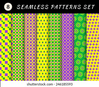 Mardi gras geometric seamless patterns set. Carnival backgrounds. Wallpapers for banner, poster, card, invitation, web design element, scrap booking, textile