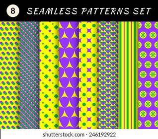 Mardi gras geometric seamless patterns set. Carnival backgrounds. Wallpapers for banner, poster, card, invitation, web design element, scrap booking, textile