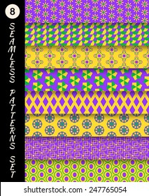 Mardi gras geometric seamless patterns set. Carnival backgrounds. Wallpapers for banner, poster, card, invitation, web design element, scrap booking, textile