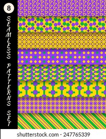 Mardi gras geometric seamless patterns set. Carnival backgrounds. Wallpapers for banner, poster, card, invitation, web design element, scrap booking, textile