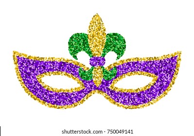 Mardi Gras glitter mask with fleur-de-lis isolated on white