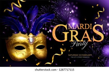 Mardi gras glittering design with golden mask and streamers on firework background in 3d illustration