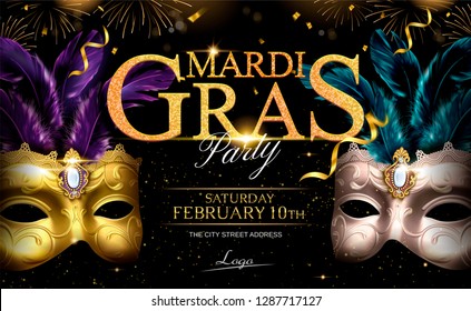 Mardi gras glittering design with masks and streamers in 3d illustration