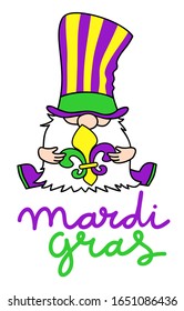Mardi Gras Gnome color vector illustration. Fat Tuesday Clipart with Fleur de Lis. Perfect for Shirt design, stickers, party invitations  