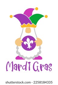 Mardi Gras Gnome in a jester hat holds a doubloon vector illustration. Fat Tuesday Clipart. Shirt design