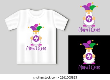 Mardi Gras Gnome in a jester hat holds a doubloon vector illustration. Fat Tuesday Clipart. On the mockup of a T shirt