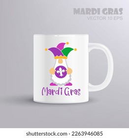 Mardi Gras Gnome in a jester hat holds a doubloon vector illustration. Fat Tuesday Clipart. Mardi Gras concept with mug mockup