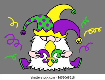 Mardi Gras Gnome vector illustration. Fat Tuesday Clipart with Fleur de Lis. Perfect for Shirt design, stickers, party invitations  