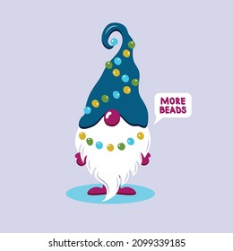 Mardi Gras Gnome vector illustration. More beads handwritten text. Cute elf drawing in flat style. Cartoon character. Design for holidays decoration, greeting cards, gift tags, t-shirt print