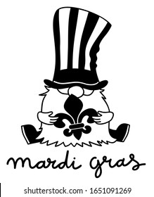 Mardi Gras Gnome vector outline illustration. Fat Tuesday Clipart with Fleur de Lis. Perfect for Shirt design, stickers, party invitations  
