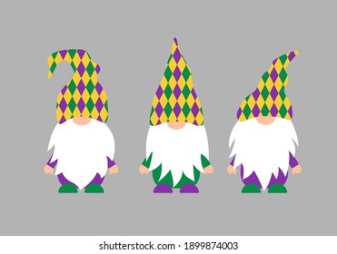 Mardi Gras gnomes. Fat Tuesday traditional carnival in New Orleans. Cute Nordic characters. Vector template for banner, flyer, poster, t shirt, sticker, etc.