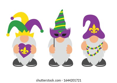 Mardi Gras Gnomes with mask, fleur de lis, and heart