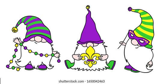 Mardi Gras Gnomes vector illustration. Fat Tuesday Clipart with Fleur de Lis. Shirt design 