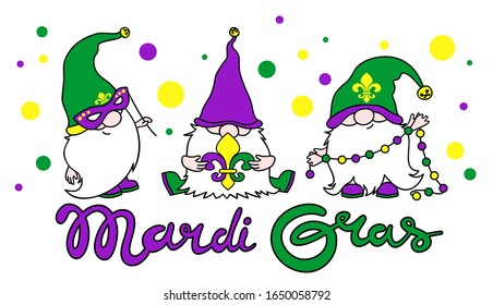 Mardi Gras Gnomes vector illustration. Fat Tuesday Clipart with Fleur de Lis, mask and gnome. Perfect for Shirt design, stickers, party invitations  