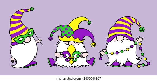 Mardi Gras Gnomes vector illustration. Fat Tuesday Clipart with Fleur de Lis, mask and gnome. Perfect for Shirt design, stickers, party invitations  