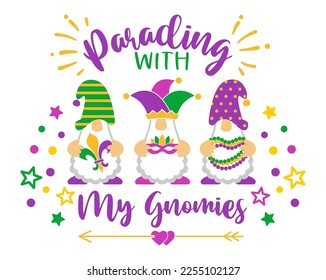 Ilustración vectorial de Mardi Gras Gnomes. Martes Grasa Clipart con Gnomes, máscara, fleur de lis y cuentas. Diseño de camisas