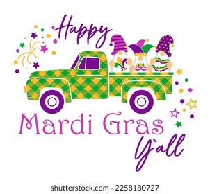 Ilustración vectorial de Mardi Gras Gnomes. Martes Grasa Clipart con Gnomes, máscara, fleur de lis y cuentas. Diseño de camisas