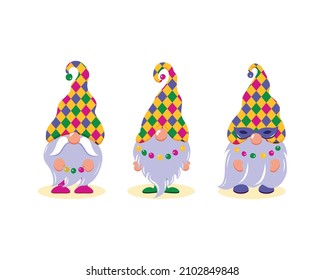 Mardi Gras Gnomes vector set. Mardigras squad handwritten text. Cute elf isolated on white background. Cartoon characters. Flat design for holidays decoration, greeting cards, gift tags, t-shirt print