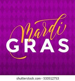 Mardi Gras gold glitter calligraphy on harlequin purple pattern background. Masquerade carnival lettering. Australian Sydney Mardi Gras parade or American New Orleans Louisiana Fat Tuesday poster