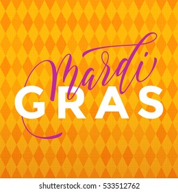 Mardi Gras gold glitter calligraphy harlequin yellow pattern background. Masquerade carnival lettering. Australian Mardi Gras parade, American New Orleans Louisiana Fat Tuesday celebration poster