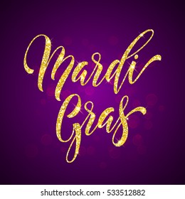 Mardi Gras gold glitter calligraphy. Masquerade carnival lettering. Australian traditional Sydney Mardi Gras pride parade or American New Orleans Louisiana Fat Tuesday celebration poster greeting card