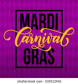 Mardi Gras gold glitter calligraphy on harlequin purple pattern background. Masquerade carnival lettering. Australian Sydney Mardi Gras parade or American New Orleans Louisiana Fat Tuesday poster