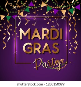 Mardi Gras gold glitter text with sparkles. Fleur-de-Lis lily symbol for masquerade carnival. American New Orleans Fat Tuesday celebration poster greeting card. Australian Mardi Gras parade