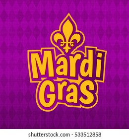 Mardi Gras gold glitter text with French lily Fleur de Lis on harlequin purple pattern background. Masquerade carnival lettering. American New Orleans Louisiana Fat Tuesday or Australian Mardi Gras