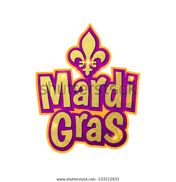 Mardi Gras gold glitter text with sparkles. FleurdeLis lily symbol