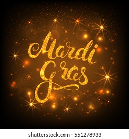 Mardi Gras gold glitter texture calligraphy lettering. Holiday greeting card design template. Vector Illustration.