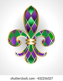 Mardi Gras Gold Jewelry Lily ( Fleur De Lis ), Decorated With Green And Purple Diamonds On Light Background.