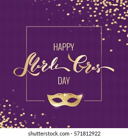 Mardi Gras Gold And Purple Card. Golden Script And Mask. Masquerade Invitation Design. Vector Illustration