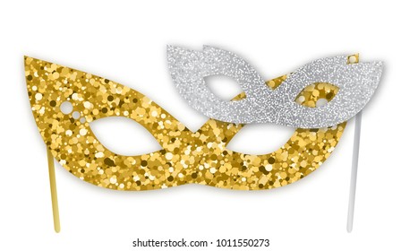 Mardi Gras gold and silver glitter masks isolated on white background, vector illustration. Realistic sparkling mask, graphic design elements for banners, flyers, party invitations.