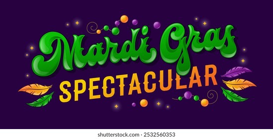 Mardi Gras Espetacular.  Tipografia festiva em tons de ouro, acentuada com letras verdes, penas decorativas e miçangas coloridas. Design vibrante com destaques brilhantes. ideal para projetos de festivais