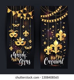 Mardi Gras gold vertical banners set with a mask and fleur-de-lis, isolated on black background. Vector illustration.
