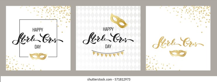 Mardi gras golden cards. Gold and black script and mask. Masquerade invitation design. Vector illustration