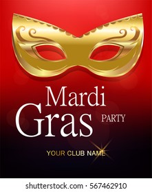 Mardi Gras golden carnival mask with ornaments for poster, greeting card, party invitation, banner or flyer on beautiful red background.Happy Mardi Gras EPS10. Vector Illustration.