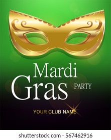 Mardi Gras golden carnival mask with ornaments for poster, greeting card, party invitation, banner or flyer on beautiful green background. Happy Mardi Gras. Masquerade vector Illustration.