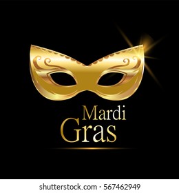 Mardi Gras golden carnival mask with ornaments for poster, greeting card, party invitation, banner or flyer on black background. Happy Mardi Gras. Masquerade vector Illustration.