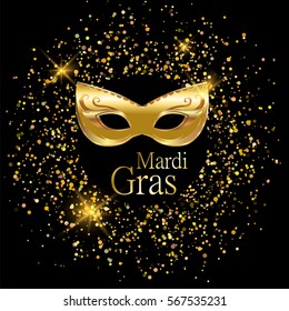 Mardi Gras golden carnival mask with ornaments for poster, greeting card, party invitation, banner or flyer on black background with golden sand. Happy Mardi Gras.  Masquerade vector Illustration.