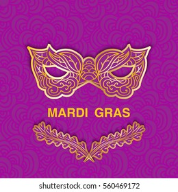 Mardi Gras golden icons on purple patterned background. Template design for greeting card or invitation with space for text. Vector illustration