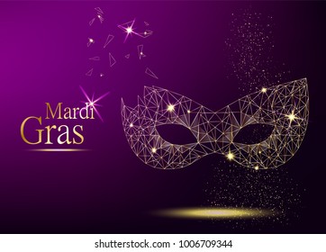 Mardi Gras golden polygonal carnival mask with lights for poster, greeting card, party invitation, banner or flyer on violet background. Vector Illustration.