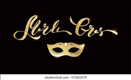 Mardi gras golden script and mask. Golden type at black background. Masquerade invitation design. Vector illustration