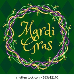 Mardi gras green background with colorful beads