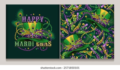 Mardi Gras green emblem, seamless pattern with top hat with fleur de lis pins, feathers, intertwined interlaced strings of beads, text. Holiday illustrations in vintage style.