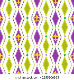 Mardi Gras green purple rhombus and beads seamless background. Masquerade holiday party pattern